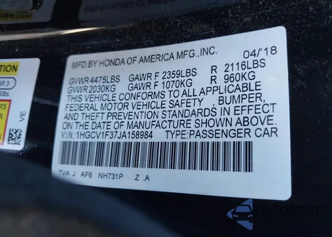 2018 Honda Accord Sport from USA, damaged, VIN 1HGCV1F37JA158984